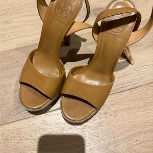 Tory Burch Cognac Leather Open-Toe Ankle-Strap Heels